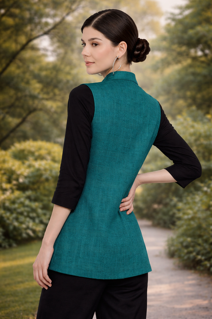 nehru jacket party wear look in teal jute cotton