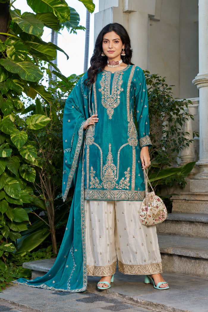 Teal palazzo suit for Indian wedding guest outfit