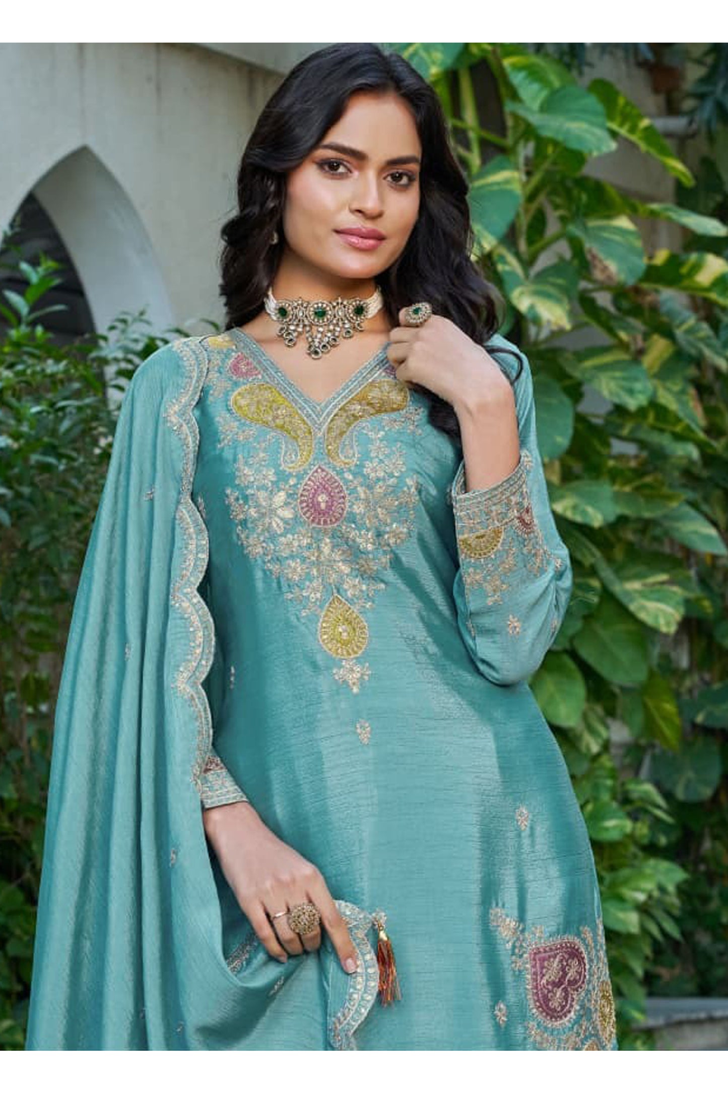 Front view of Teal Palazzo Suit with Jari+Sequence Work