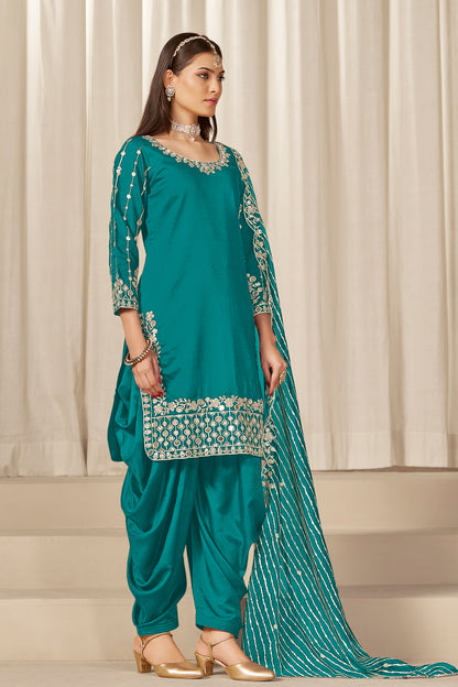 Side view of teal blue salwar suit patiala
