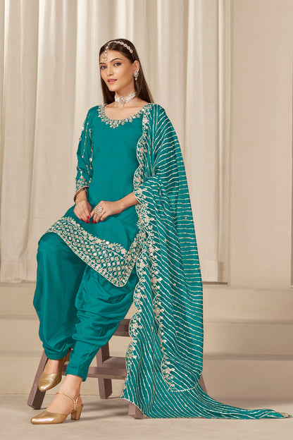Sleeve detail on teal blue patiala suit