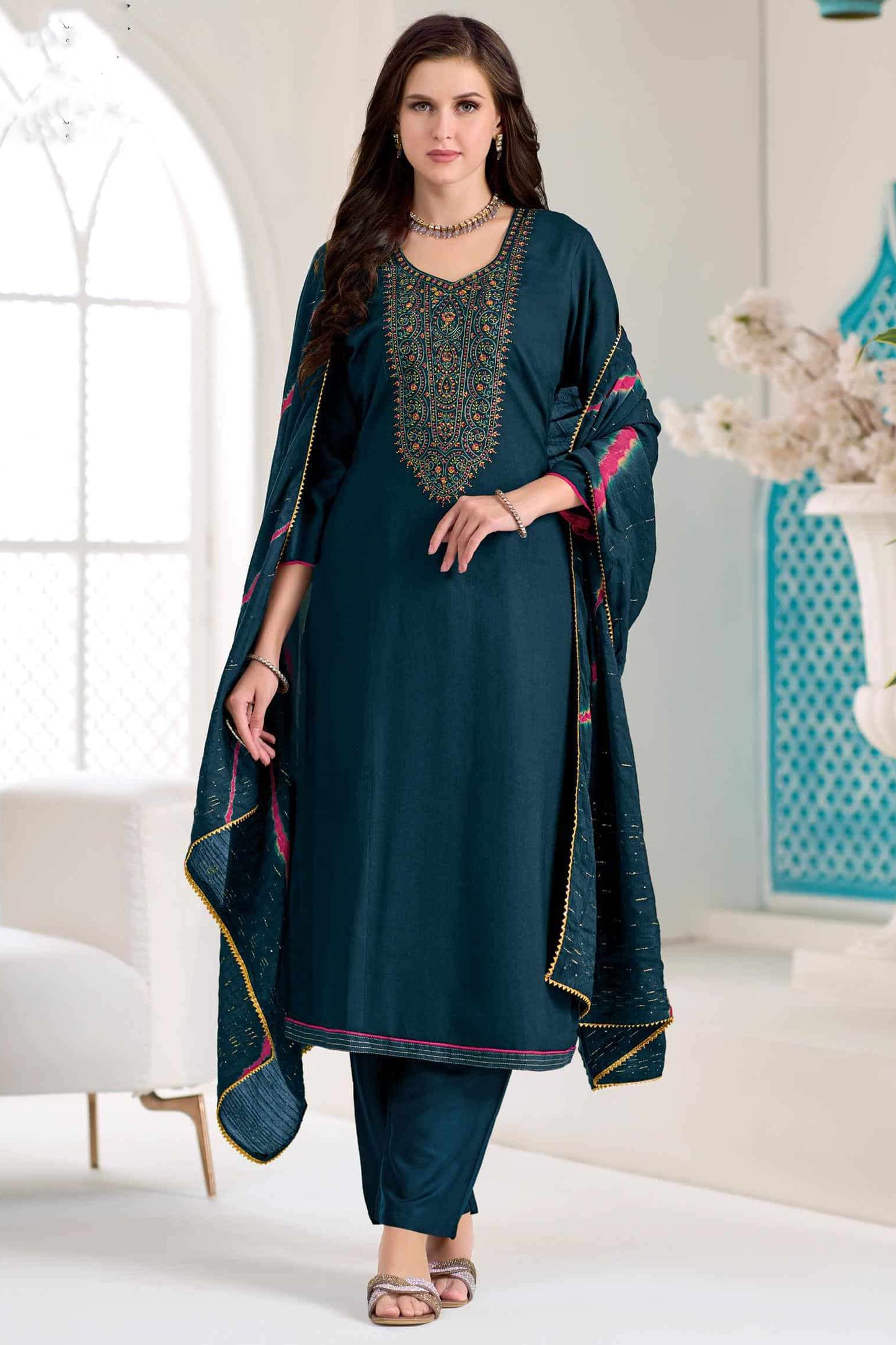 Teal Salwar Kameez, Salwar Kameez Women embroidered front view