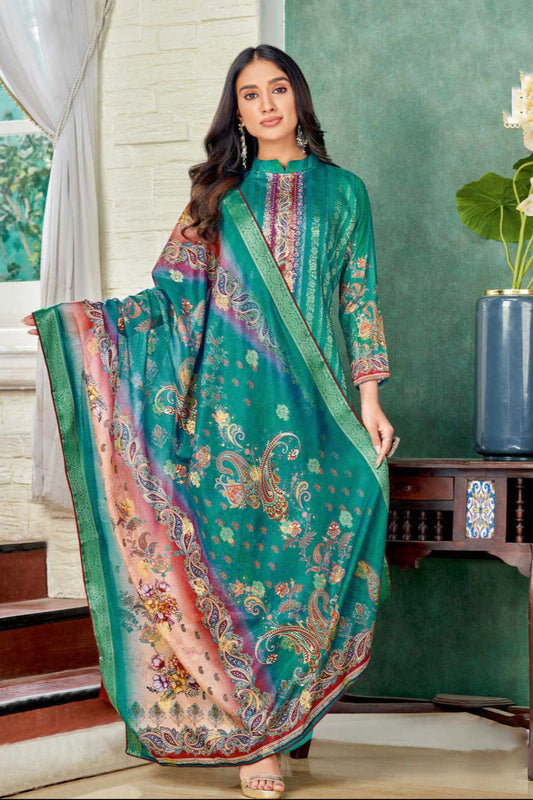 Teal salwar kameez in viscose jacquard for USA buyers