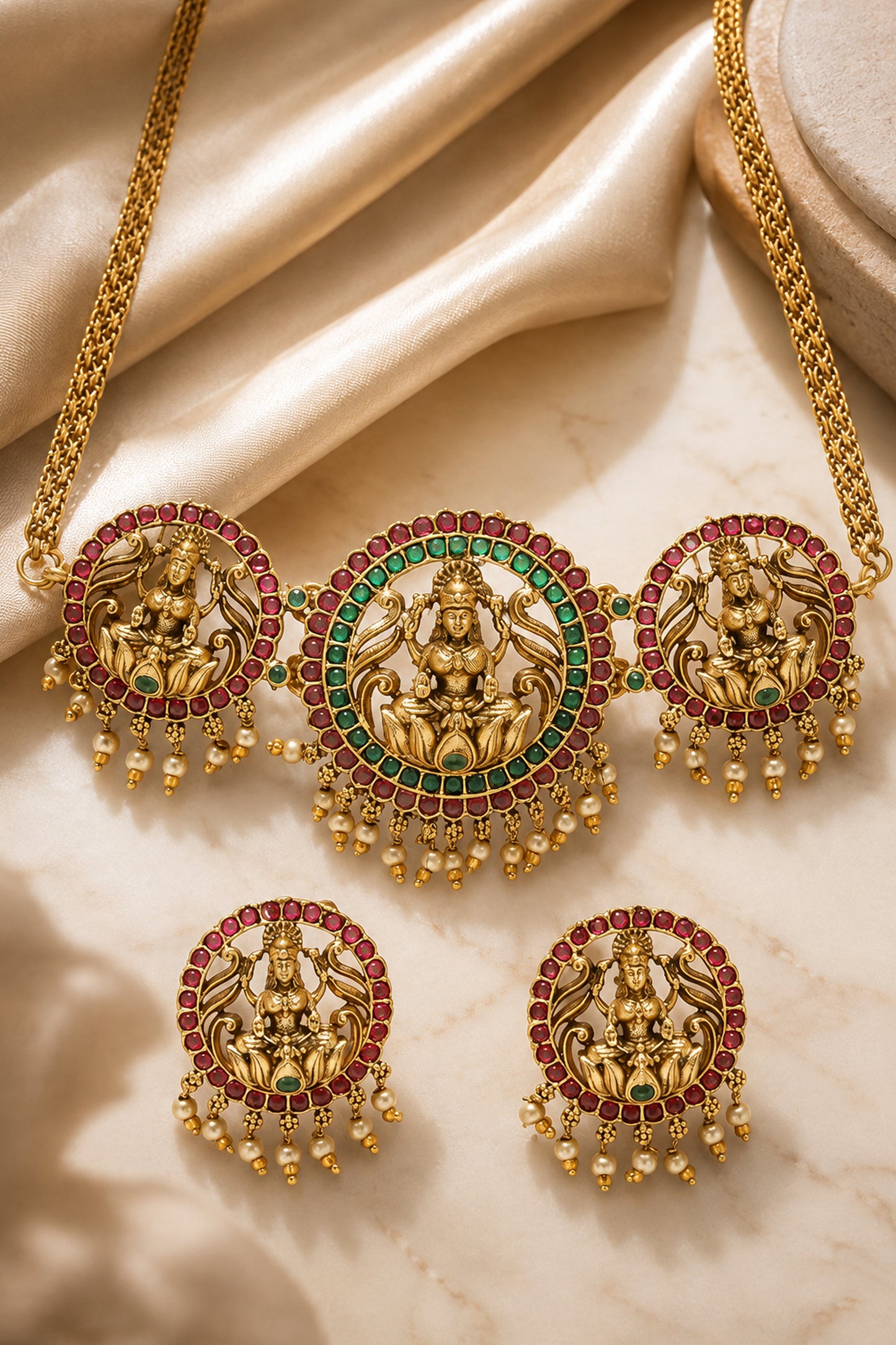 Gold-tone statement necklace featuring a large central motif with red and green stone detailing