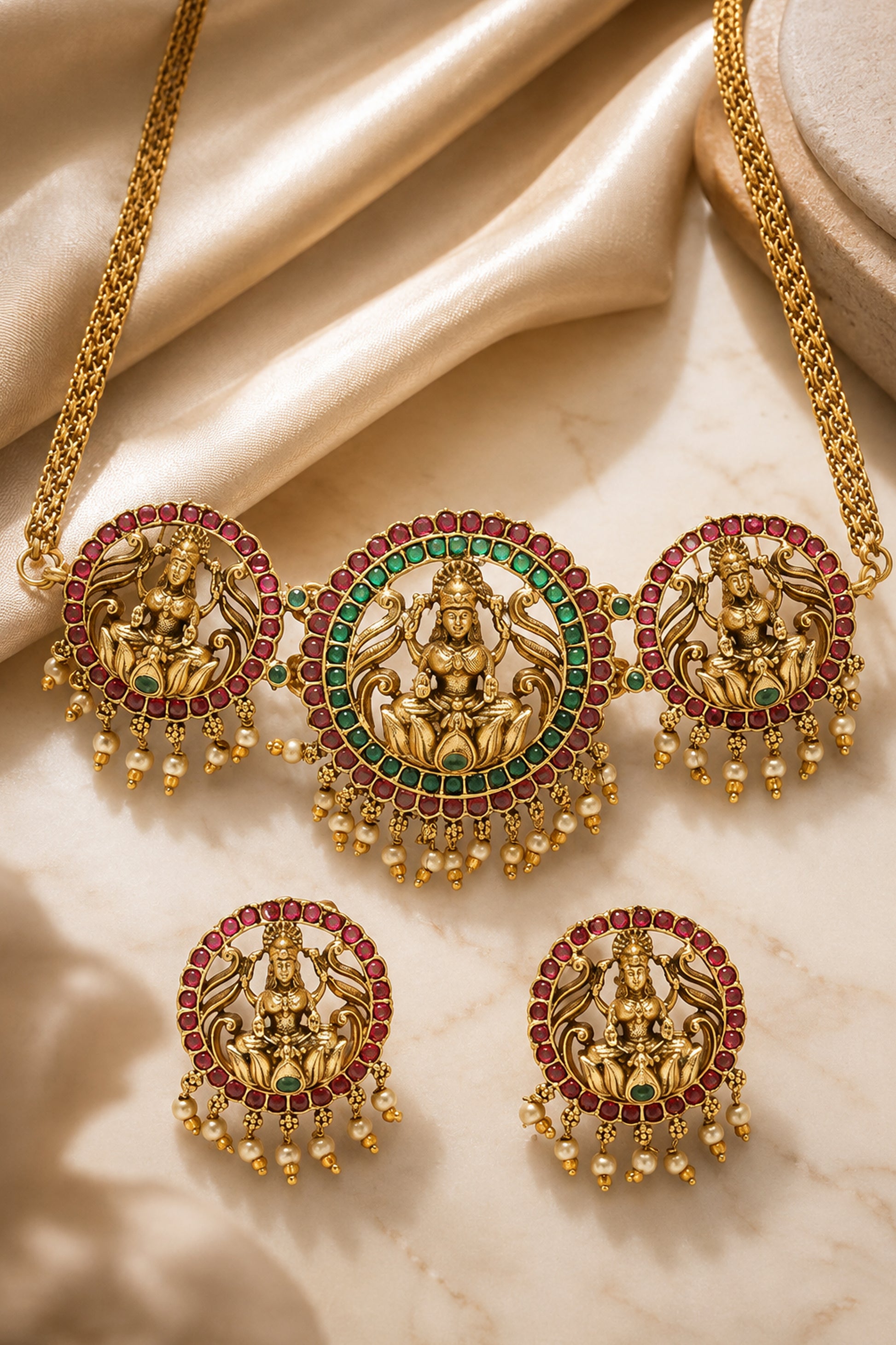 Gold-tone statement necklace featuring a large central motif with red and green stone detailing