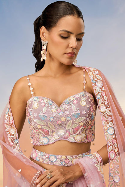 Baby pink lehenga choli embroidery detail close-up