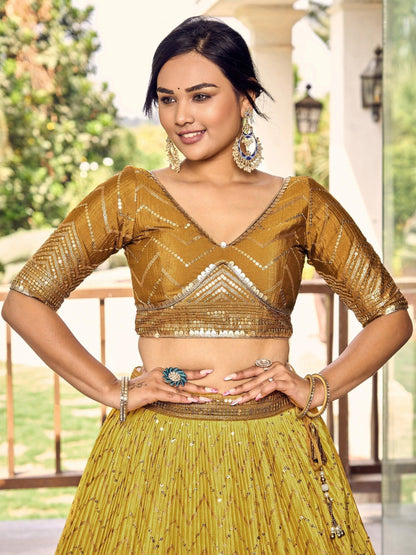 Close-up of sequins work on chinon lehenga fabric