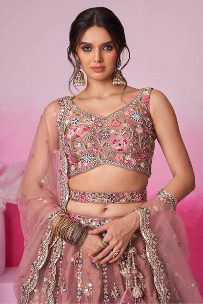 silk Brown lehenga choli detailed thread embroidery close-up
