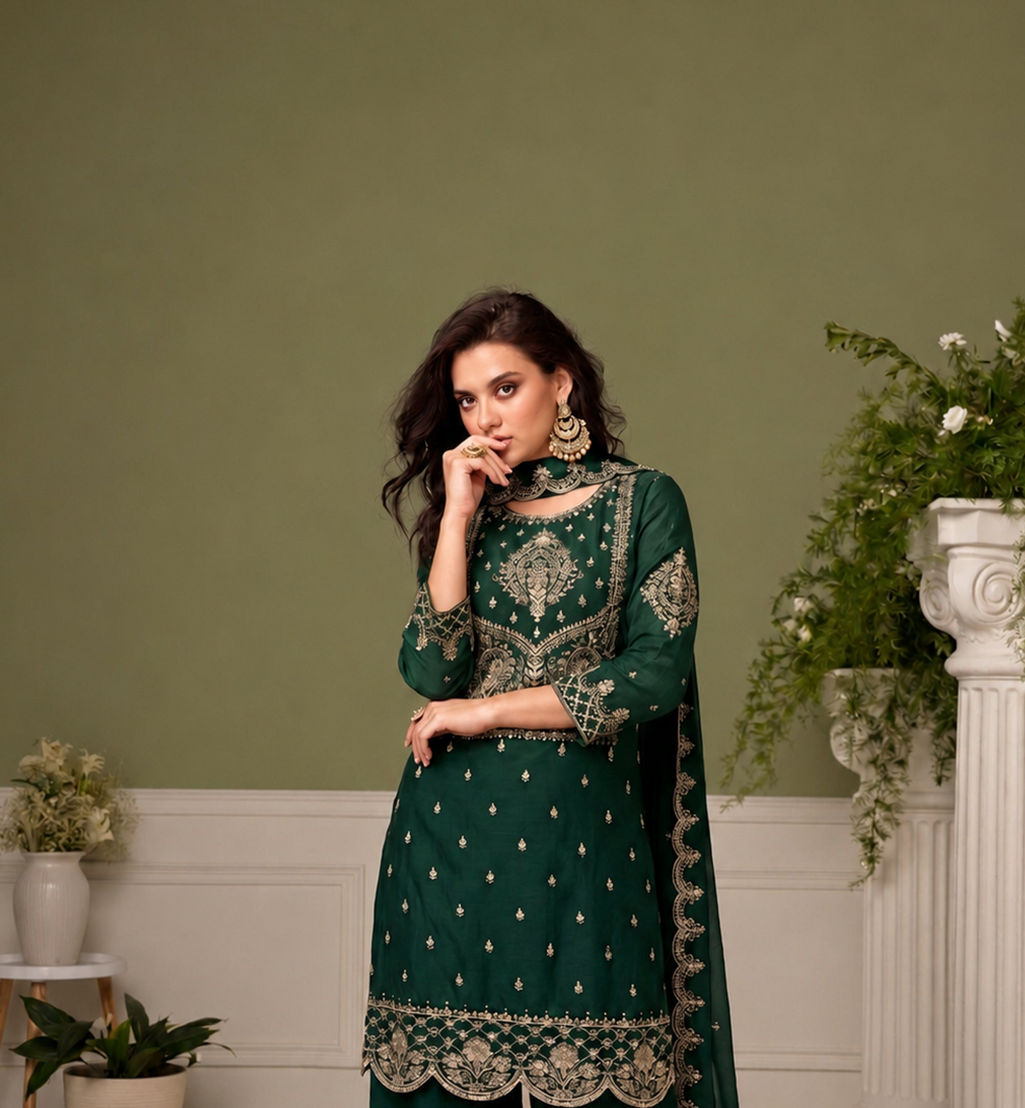 Royal Green Salwar Kameez with structured silhouette and embroidered finish