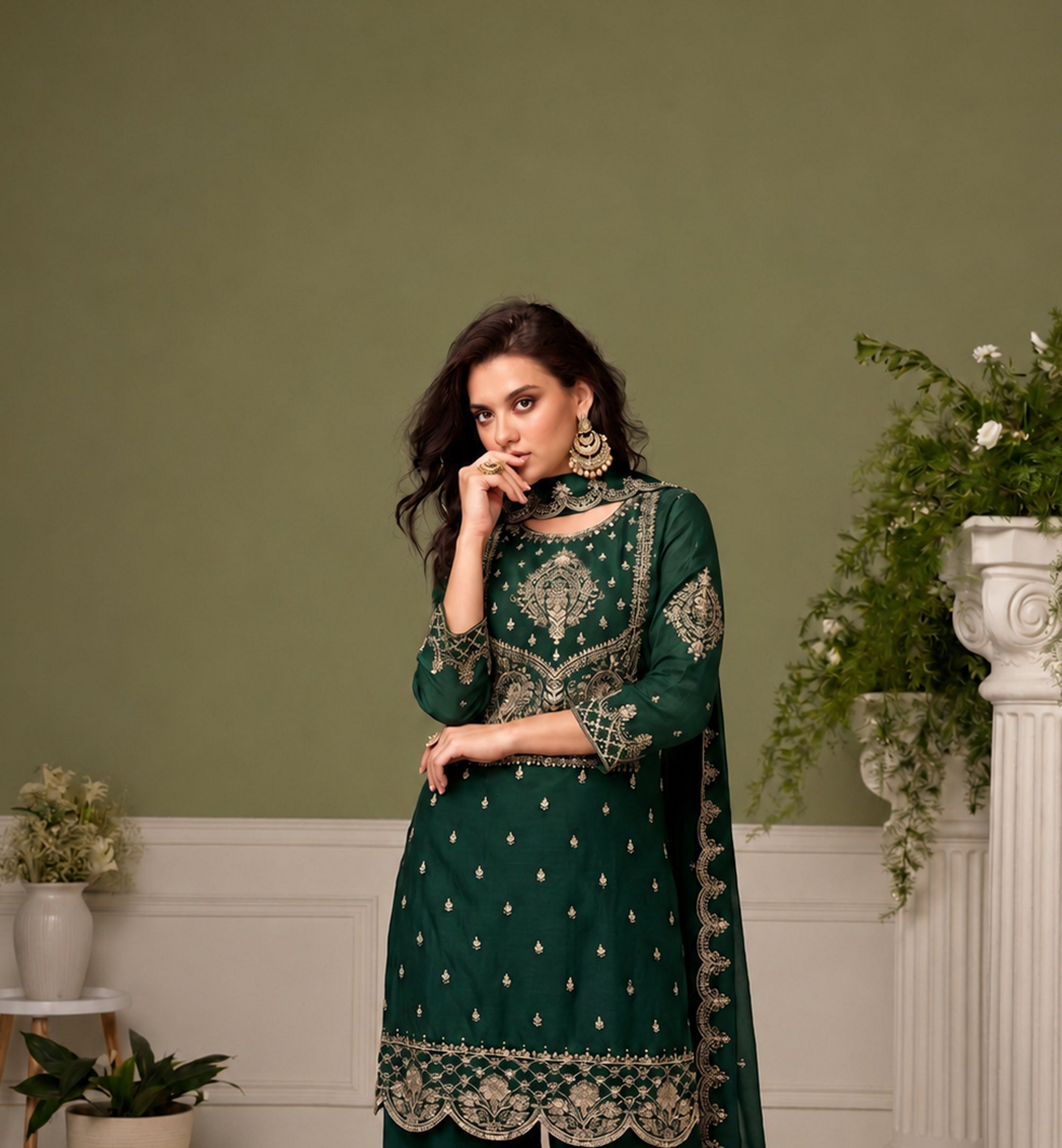 Royal Green Salwar Kameez with structured silhouette and embroidered finish