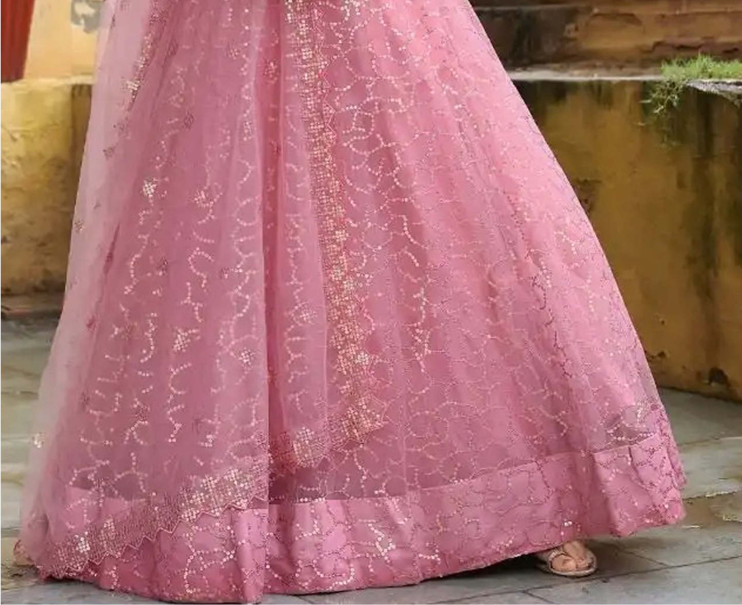 Baby pink bridal lehenga with sequins embroidery detail