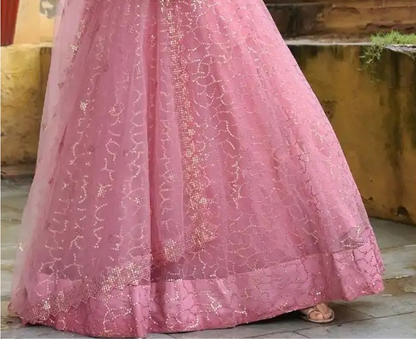 Baby pink bridal lehenga with sequins embroidery detail