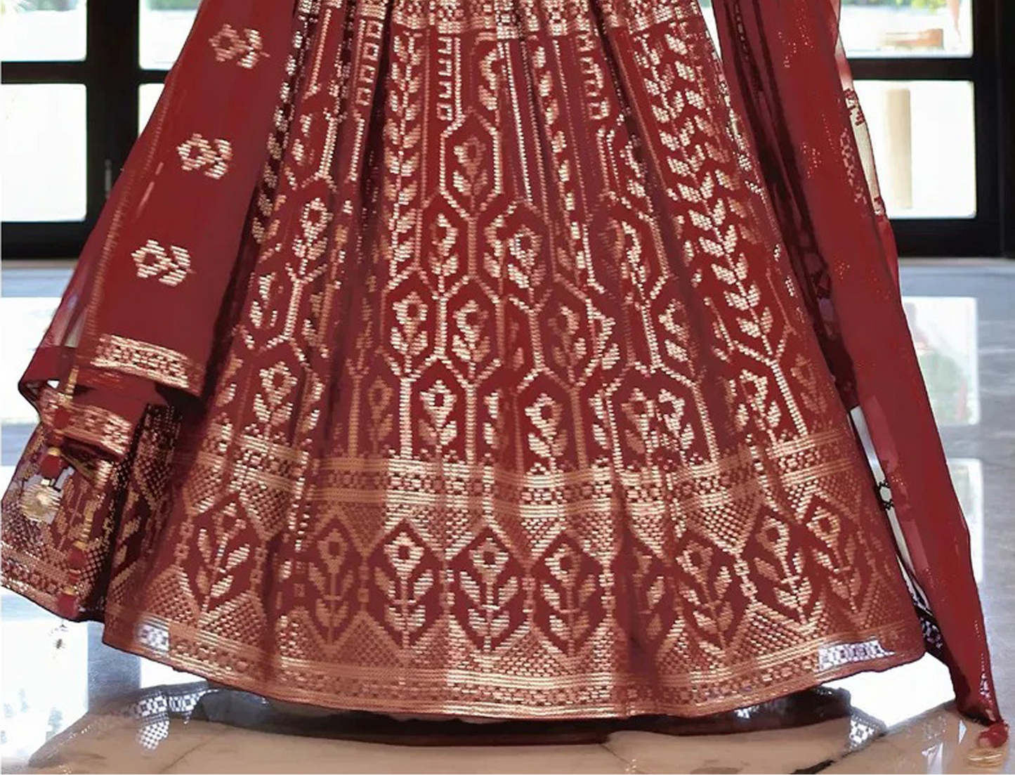 Thread and sequins embroidered lehenga choli close view