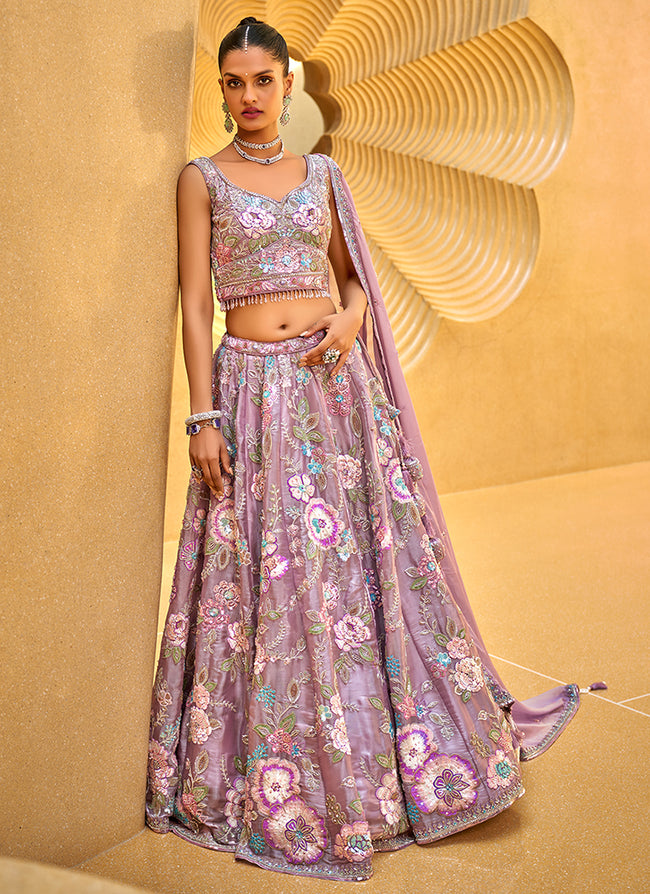 Detail shot of sequins pattern on organza lehenga