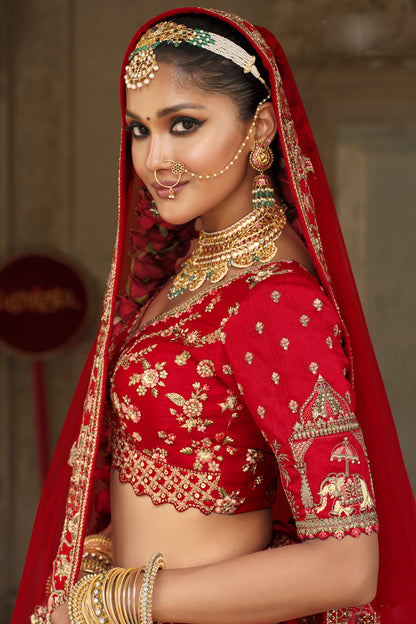 bridal lehenga choli maroon thread work close up