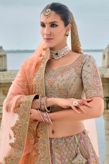 Silk peach lehenga choli detailed embroidery close-up