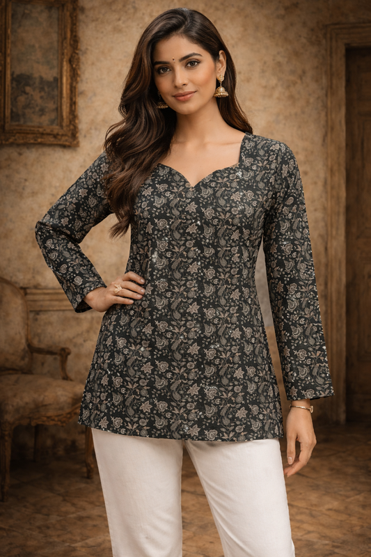 black tops for women with floral digital print front view