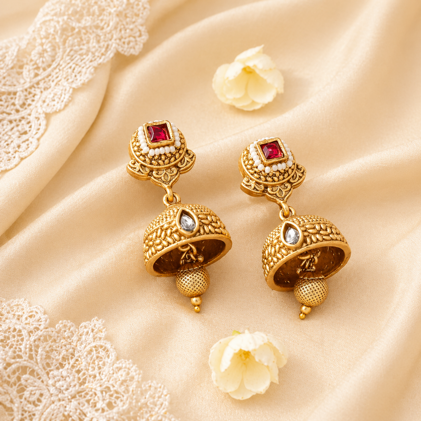 Detailed gold-tone necklace and jhumka earring set