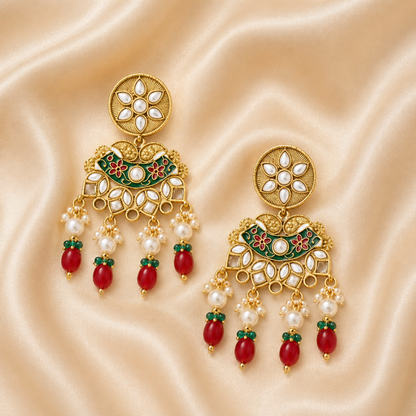 Gold-tone jewelry set with green enamel-style accents