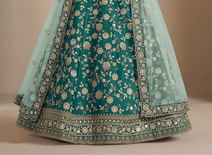 Traditional lehenga styling in green with embroidery