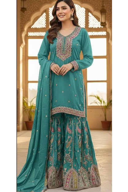 Traditional Indian Dress in teal blue with fancy Embroidery work