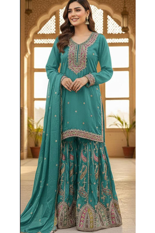 Traditional Indian Dress in teal blue with fancy Embroidery work