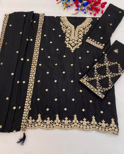 Black palazzo pants showing Heavy Embroidered Sequenc finish