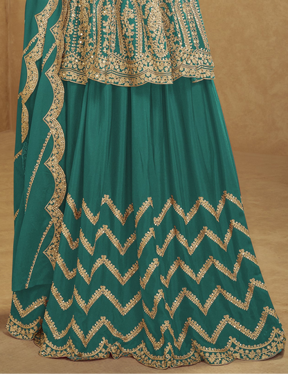 Green plazzo bottom with matching embroidered top and dupatta