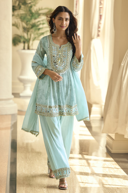 Heavy Embroidery With Mirror Worked Salwar Kameez Palzzo Suit