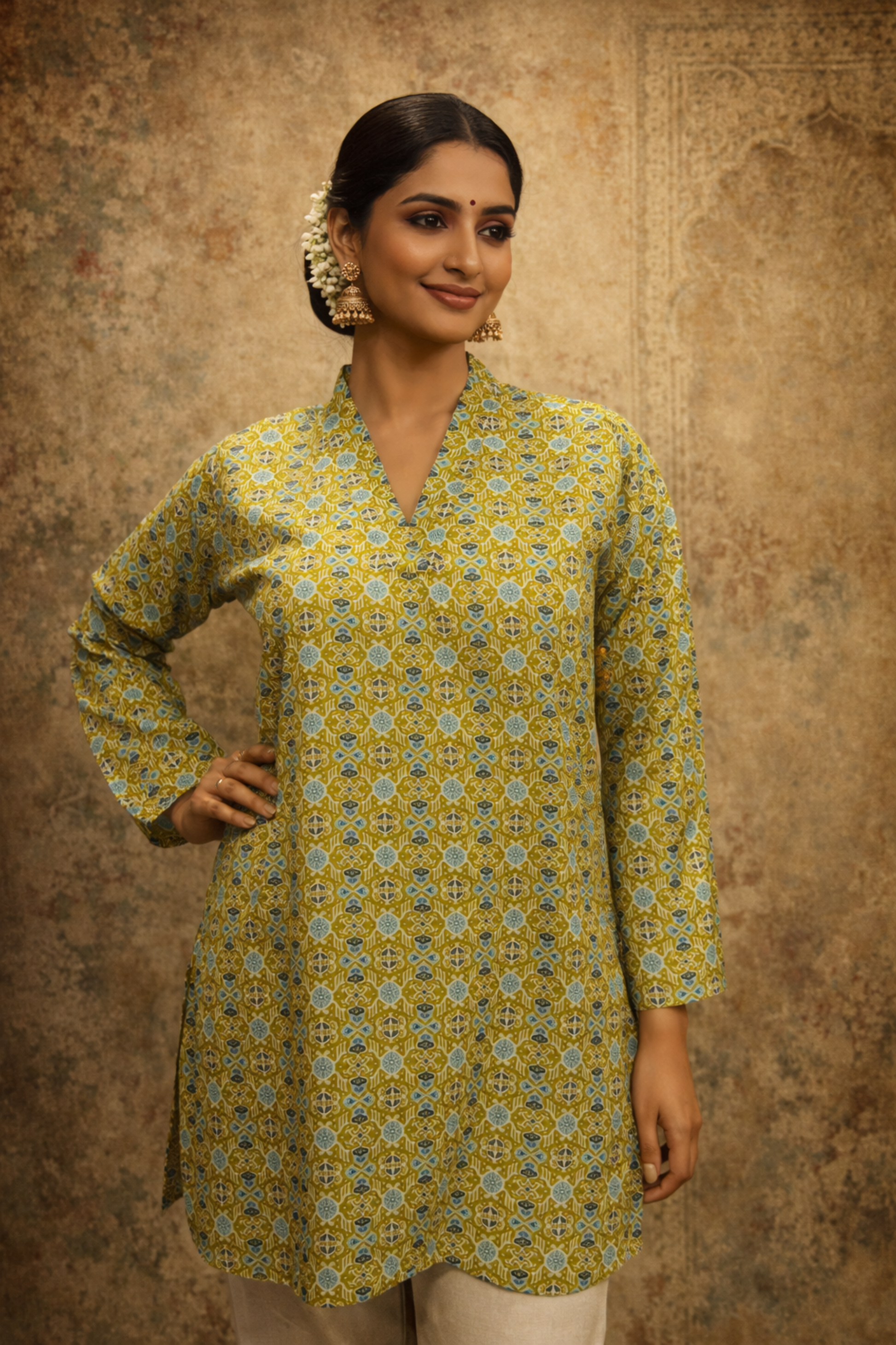 Olive green tunic for women with digital print front view