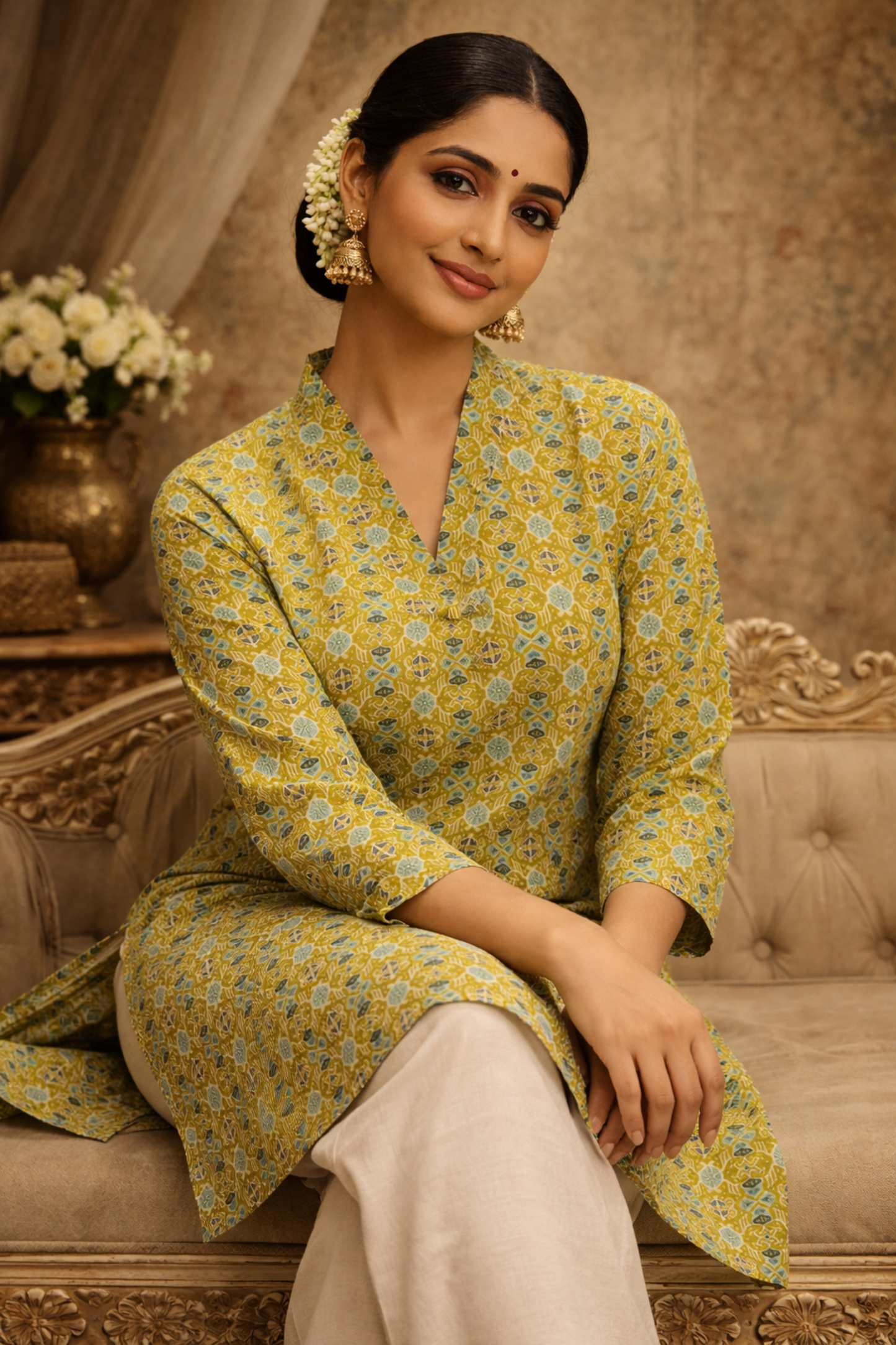 Maslin silk women top with subtle geometric print detail