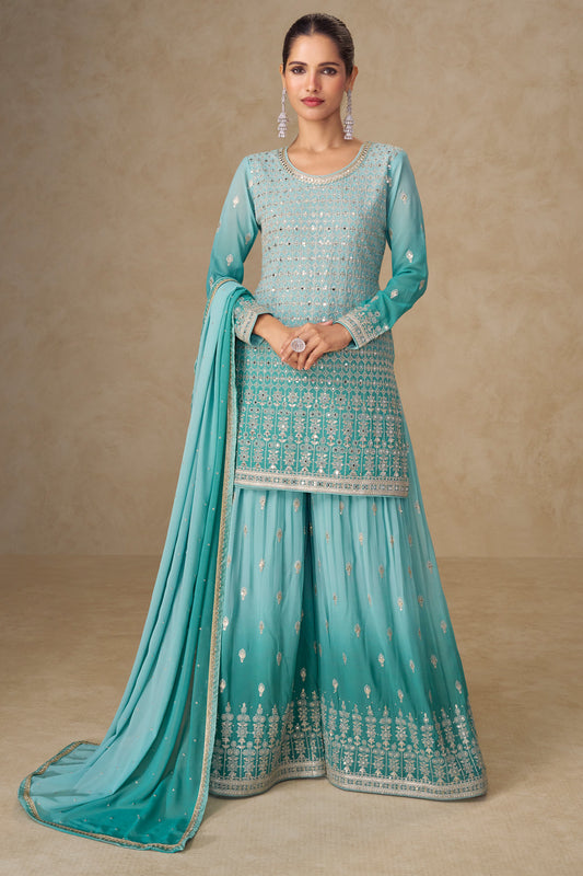 Turquoise blue plazzo dress front view