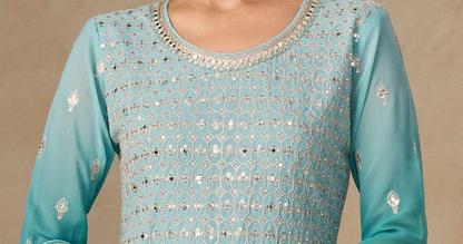 Turquoise Blue Plazzo Dress With Heavy Embroidery Worked