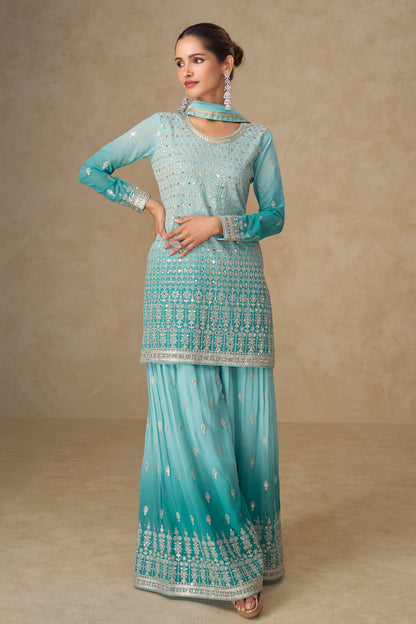 Sleeve detail of turquoise blue plazzo dress