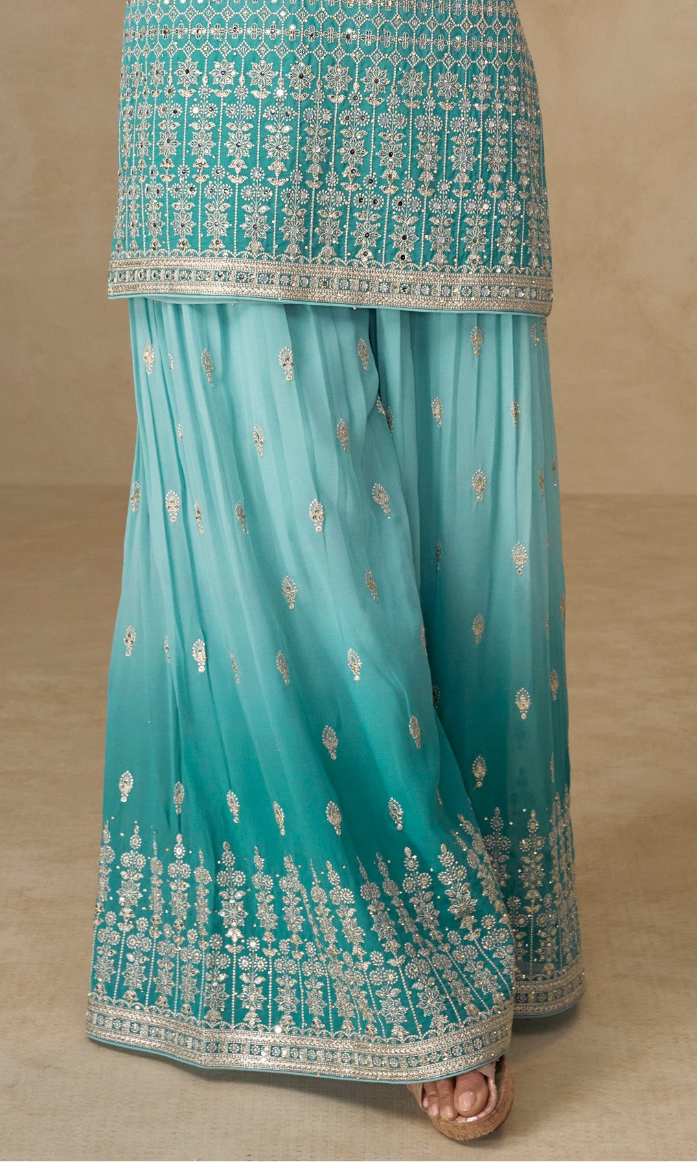Turquoise Blue Plazzo Dress With Heavy Embroidery Worked