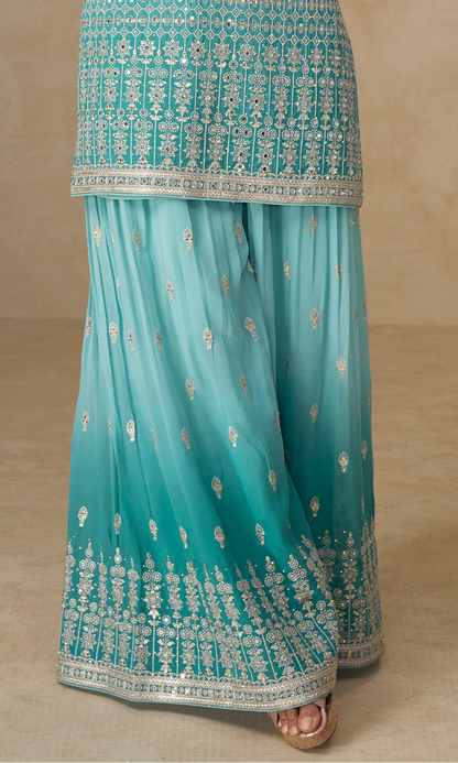 Turquoise Blue Plazzo Dress With Heavy Embroidery Worked