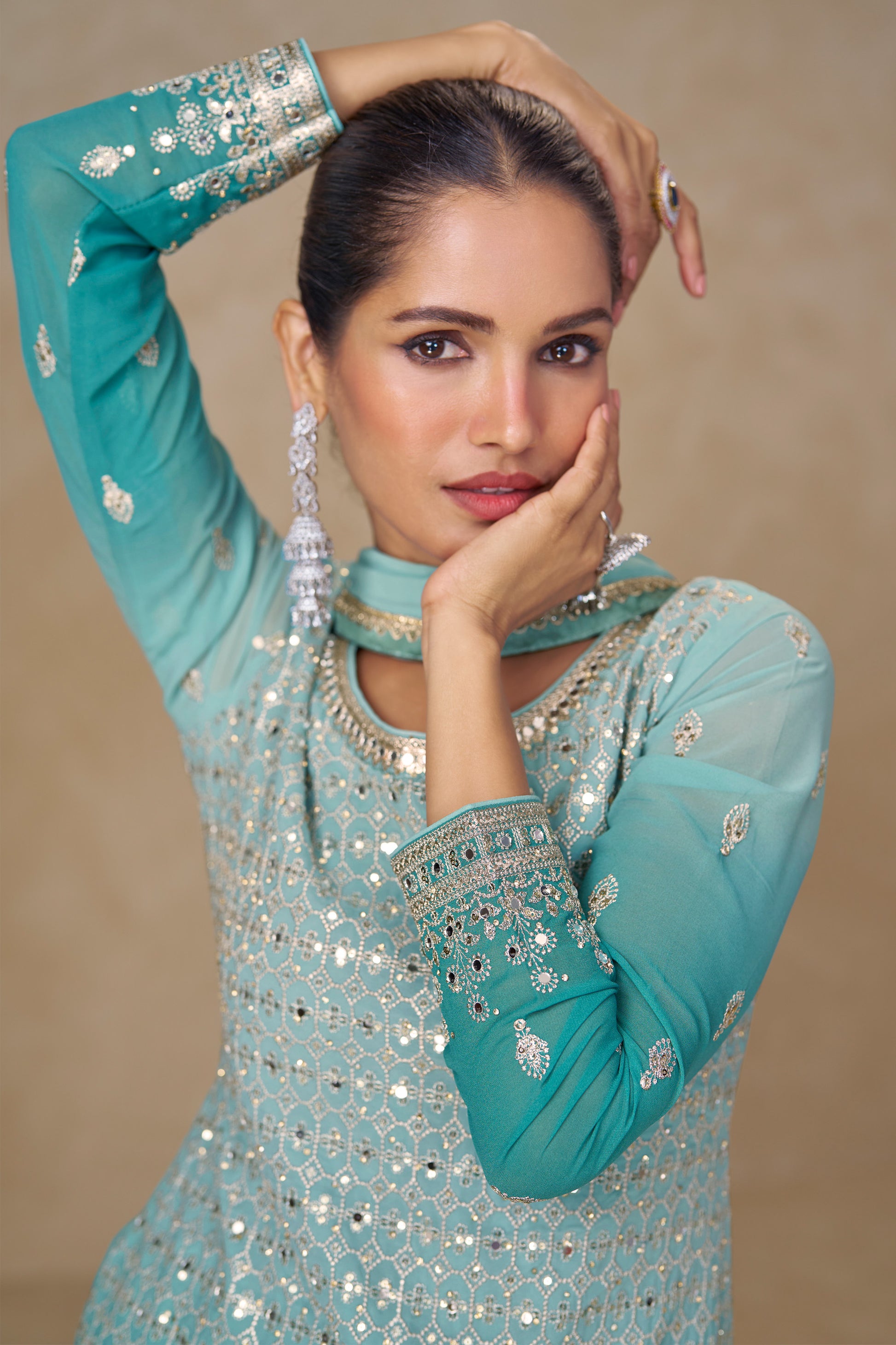 Turquoise blue palzzo suit full outfit view