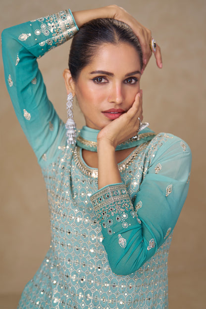 Turquoise blue palzzo suit full outfit view