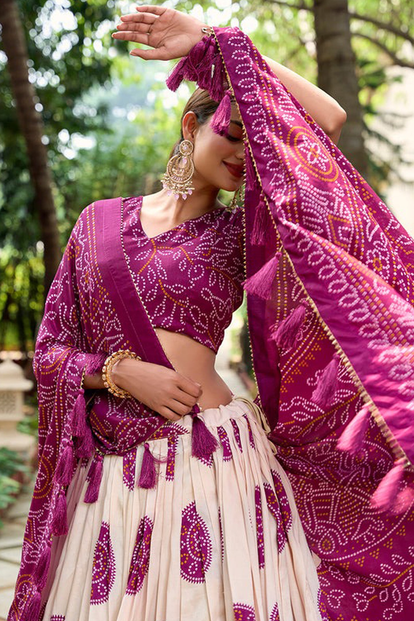 Close-up of dupatta styling with lehenga set