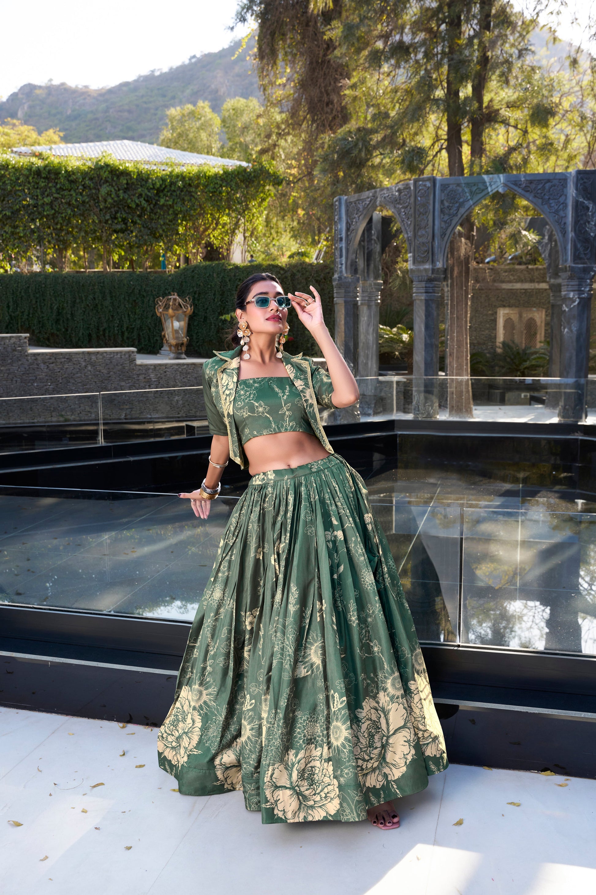Tussar silk lehenga choli in light green full outfit look