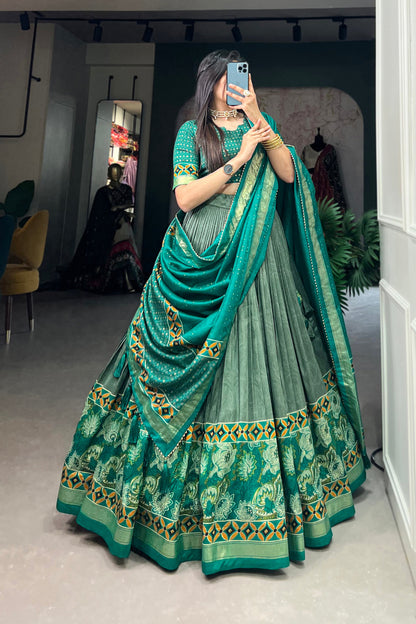 Mint and emerald tone variation in green lehenga design