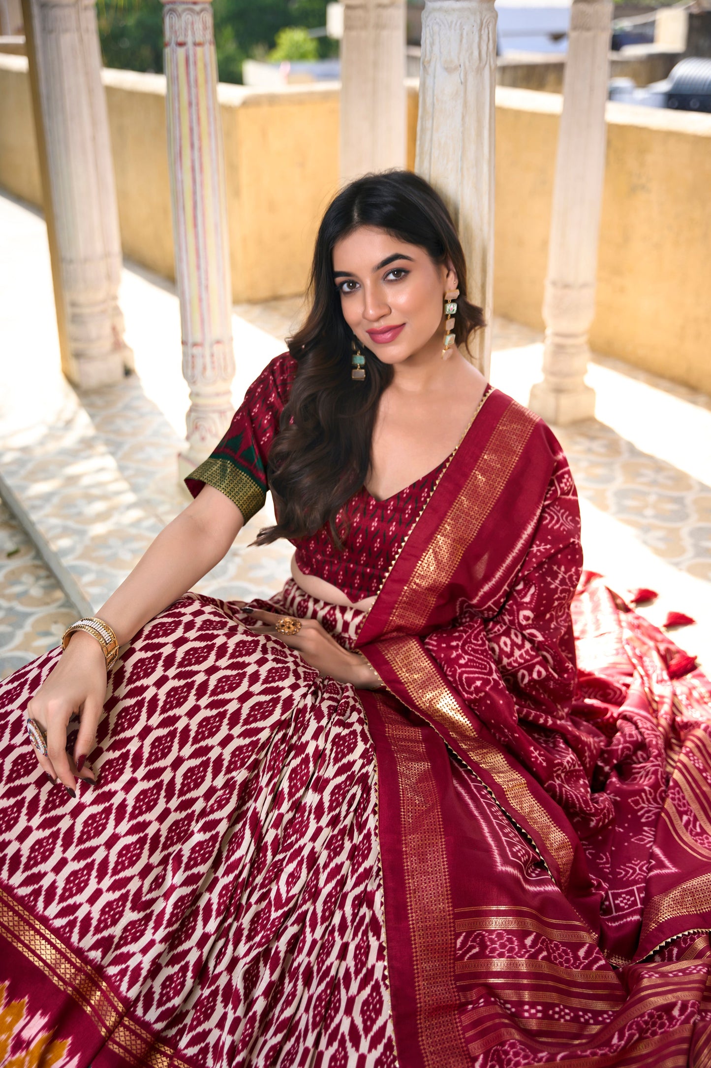 Tussar silk lehenga choli with Patola print detail