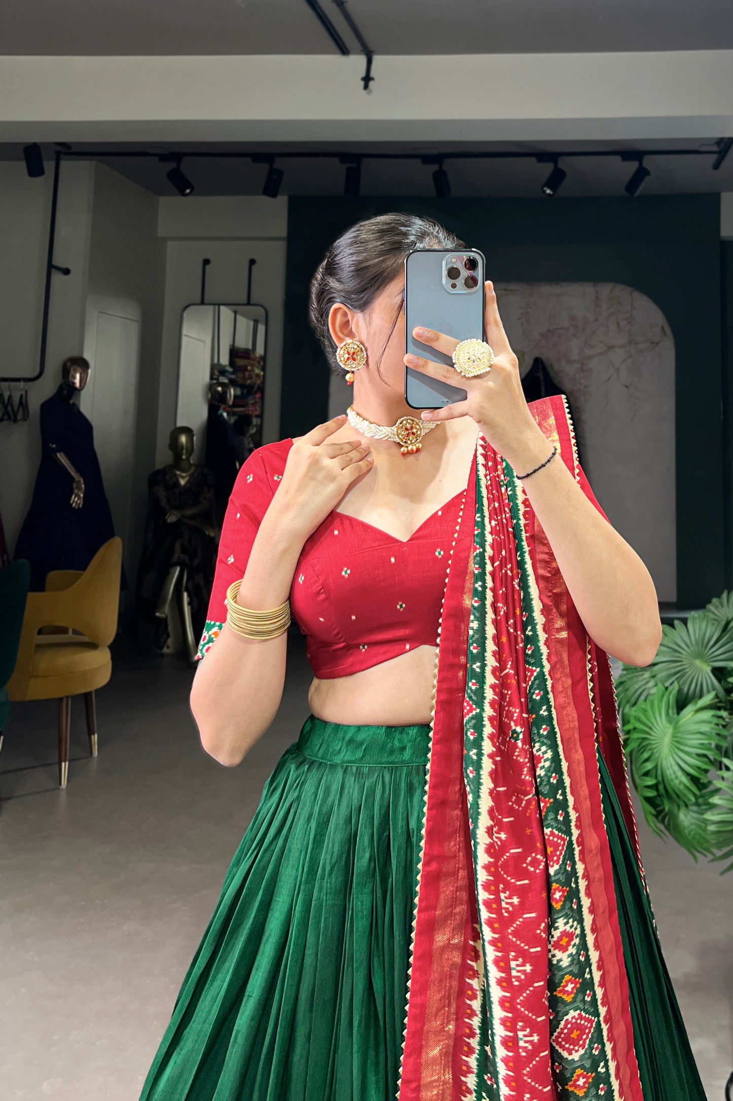 tussar silk lehenga texture close-up with foil print
