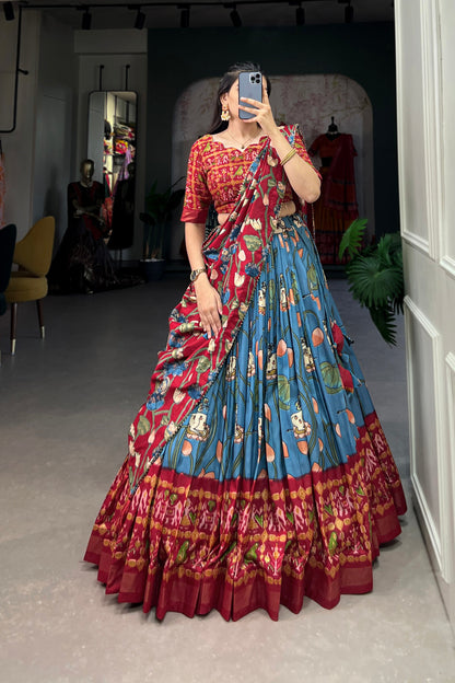 Tussar silk texture detail of sky blue lehenga fabric