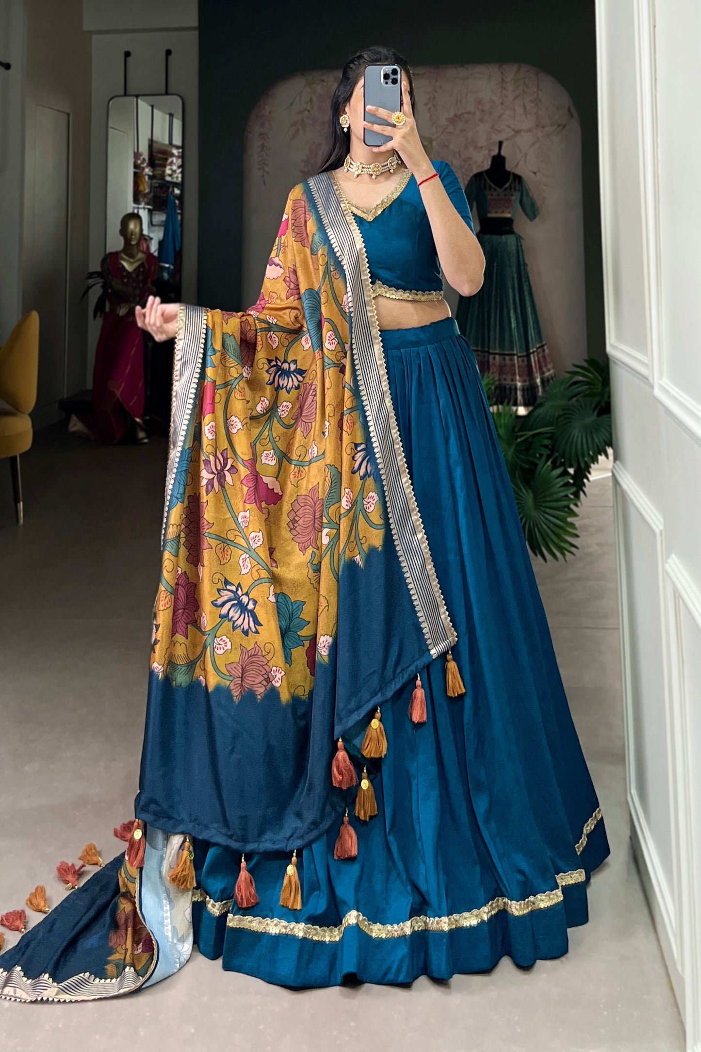 royal blue lehenga inspired teal outfit styling