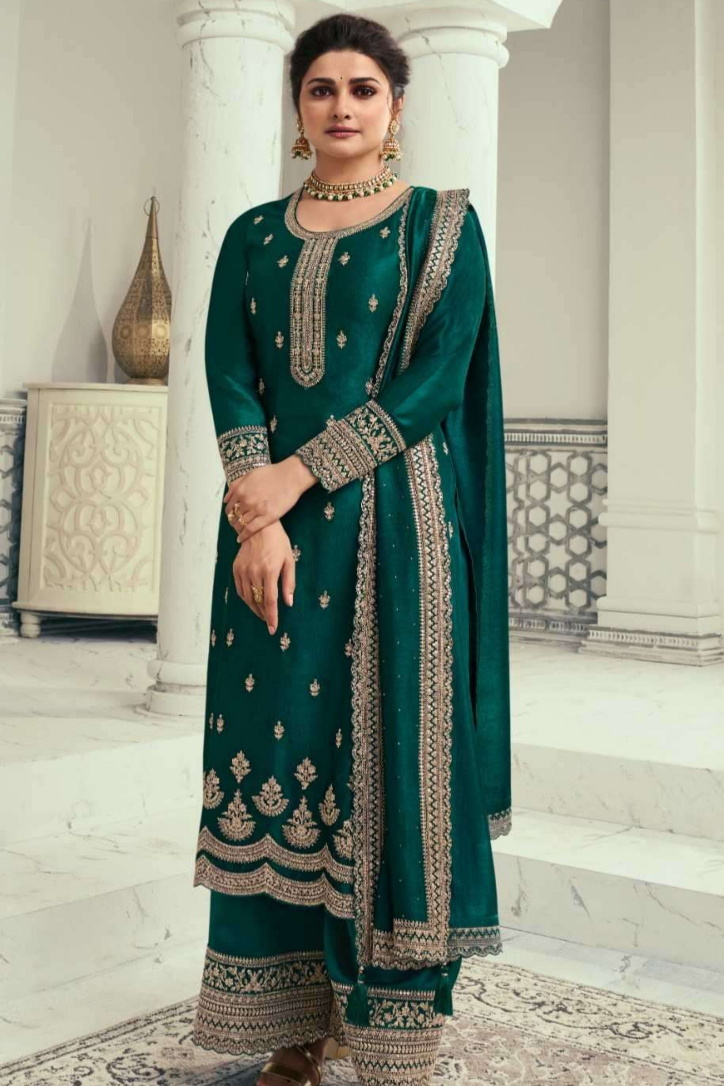 Green Palazzo Suit Heavy Embroidered Party Wear Dress