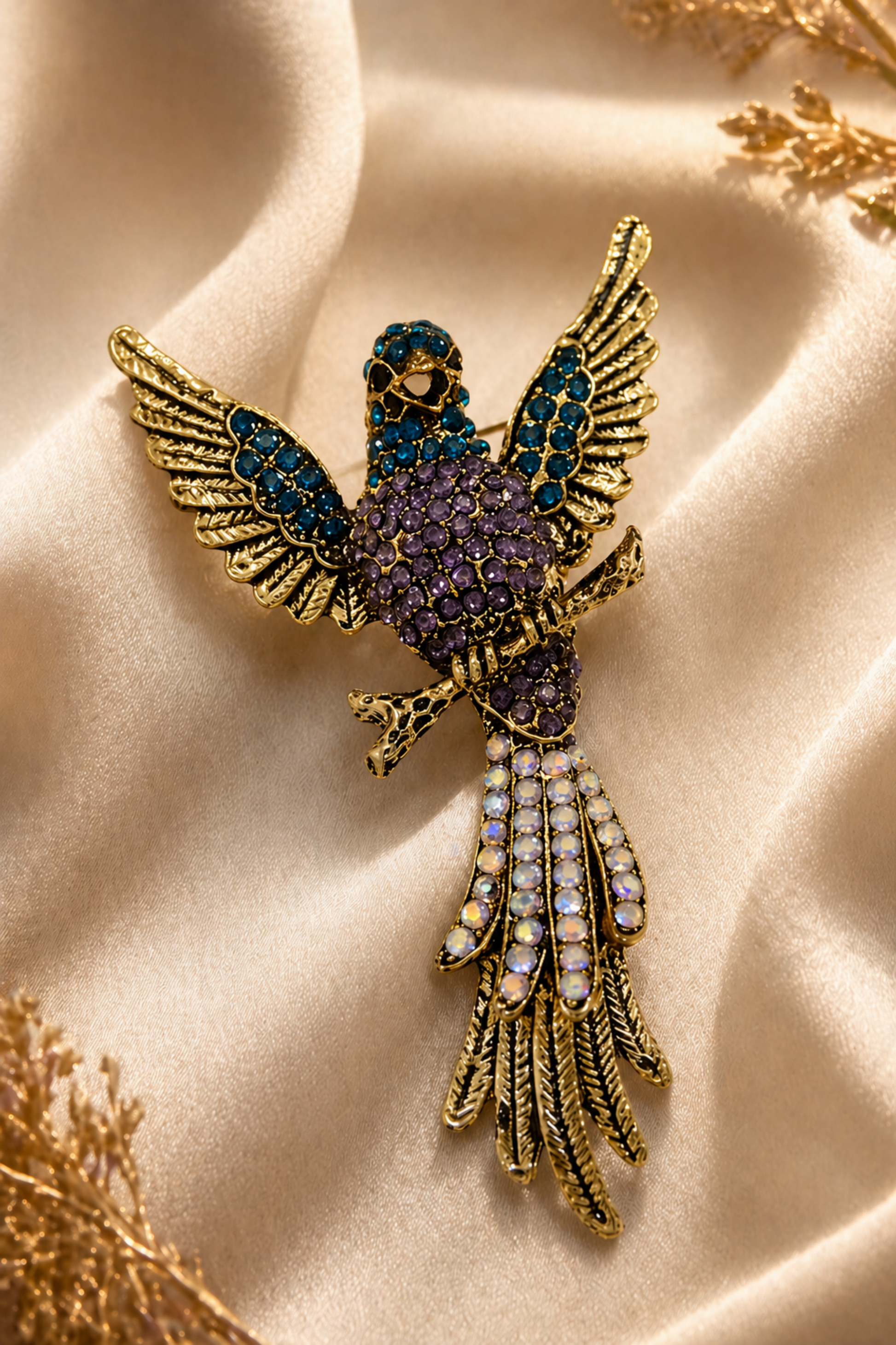 detailed bird brooch with textured wings and long tail