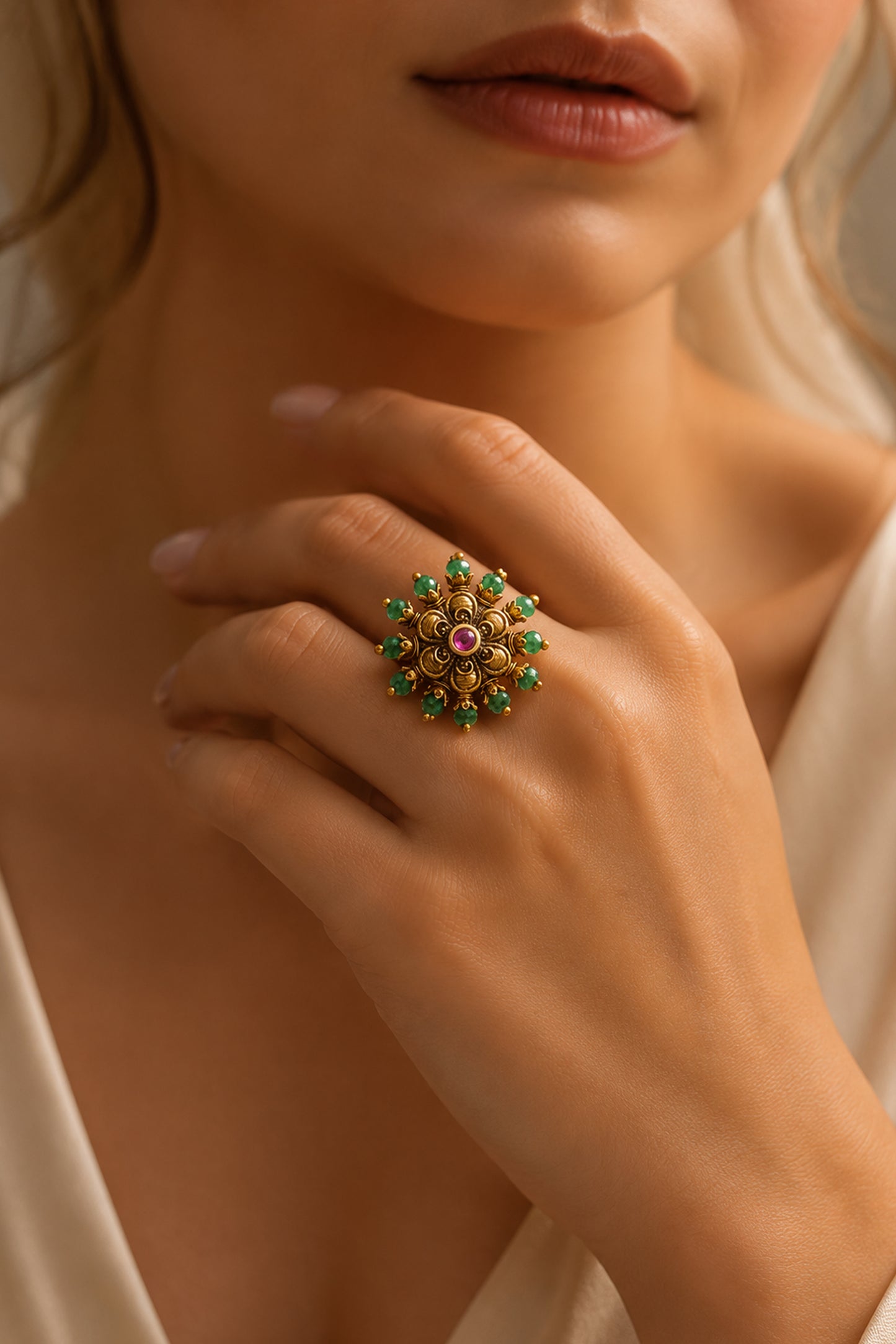 close up view of floral fashion ring with layered design