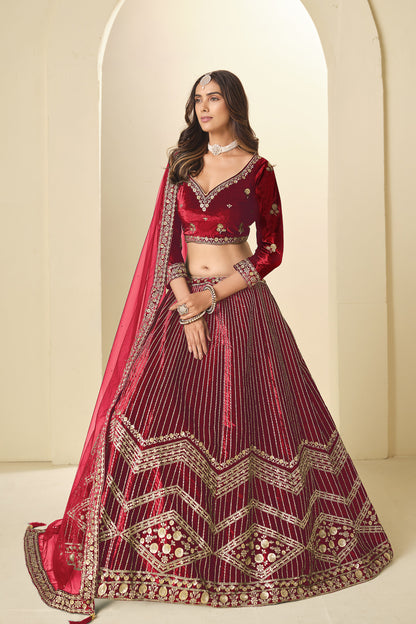 Front view of viscose lehenga long choli in red tone