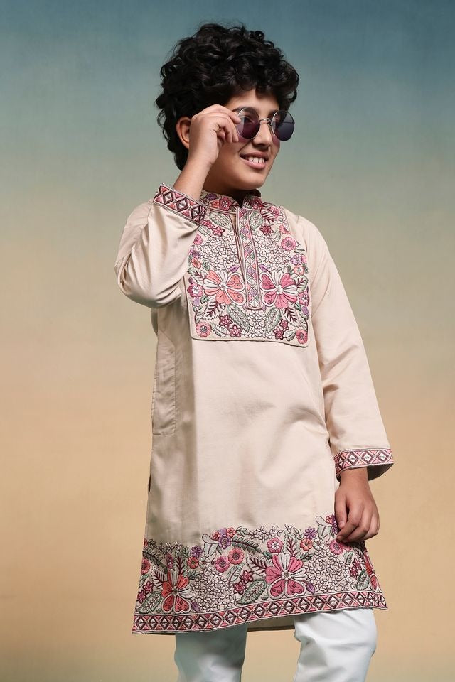 Beige kurta pajama for boys engagement event styling